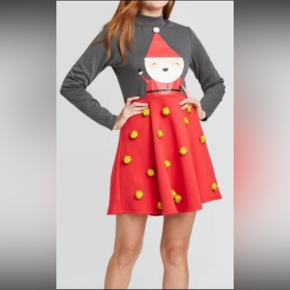 NWT Mighty Fine Gray and Red Santa Ugly Christmas Dress With Pom Pom Size XL